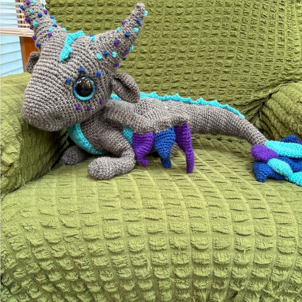 Large Handmade Crochet Amigurumi Gray Dragon Plush with Blue and Purple Accents